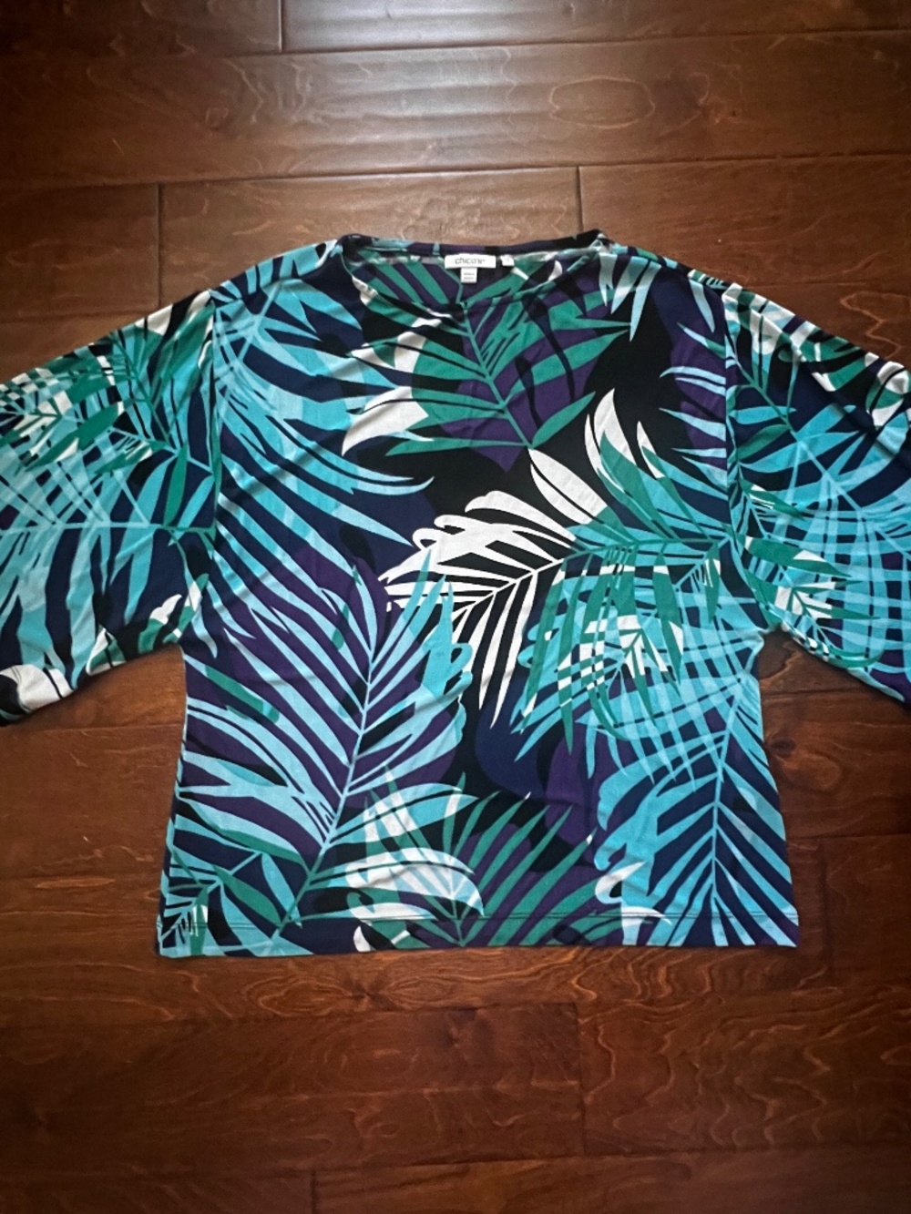Chico’s Women’s Tropical Print Teal Blue White Top Large